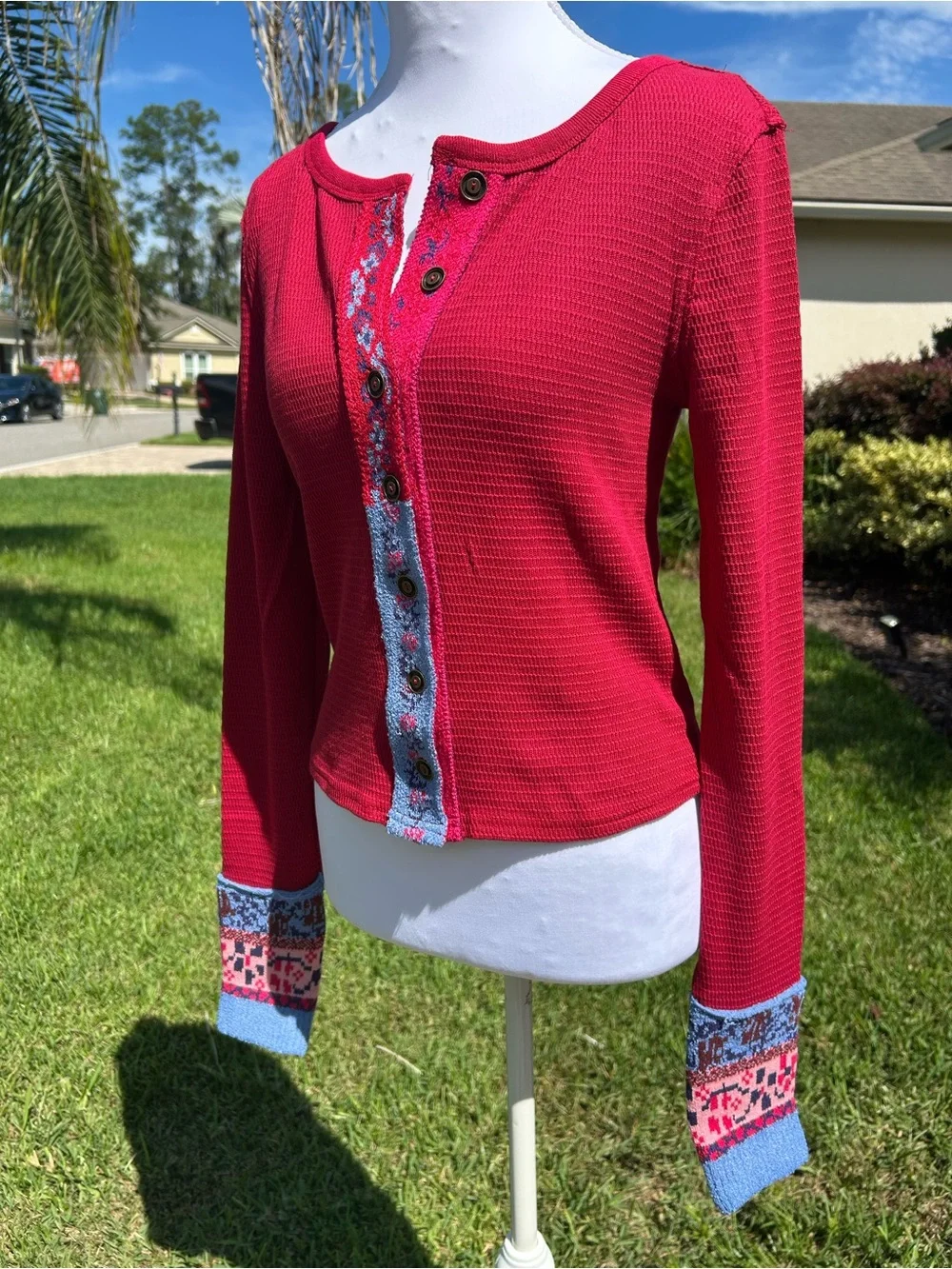 NWT🌷Free People Embroidered Trim Crew Neck Long Sleeve Cardi Top